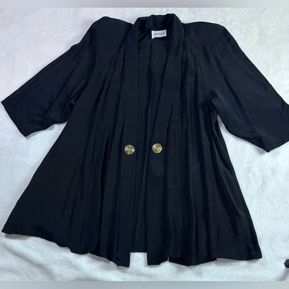 Sheena • Black Duster Blazer Gold Button Lightweight Topper Jacket EUC